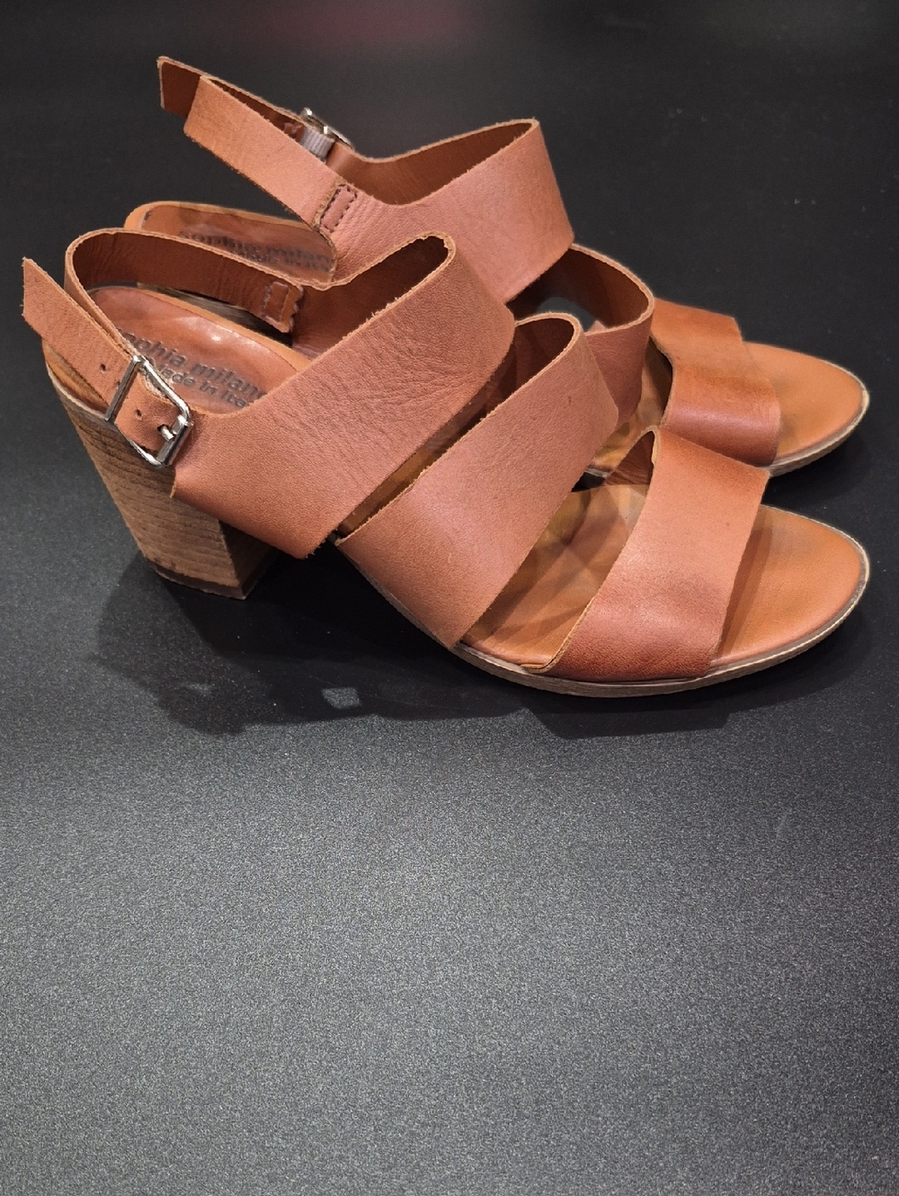 Women's Chestnut Leather Block Heel Sandals with Ankle Strap